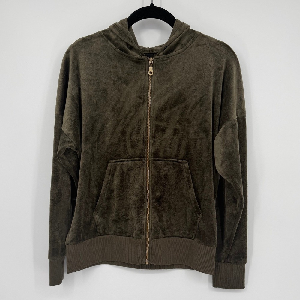 Felina Women Olive Green Velour Zip Up Hoodie Sweatshirt C7589 Small